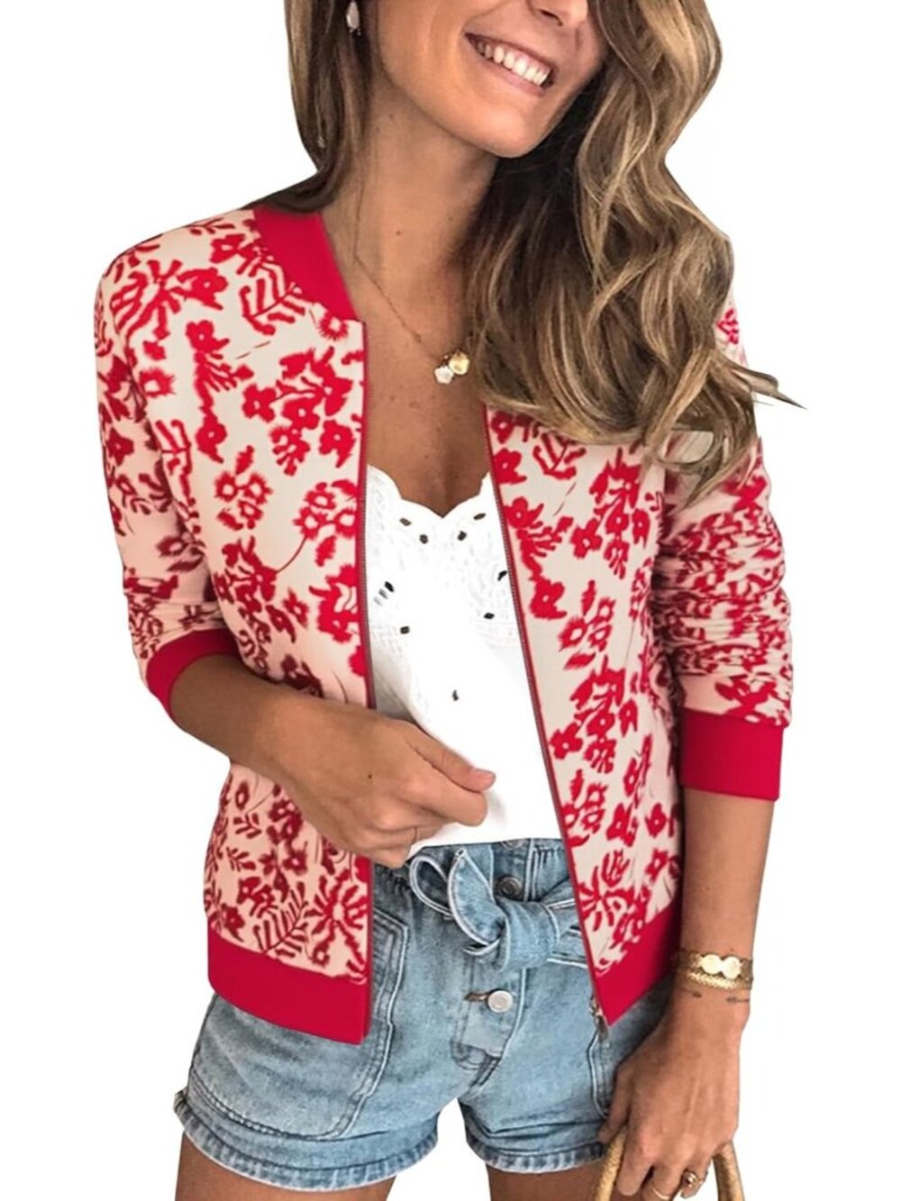 Women's Orange Red Floral Zip Closure Long Sleeve Lining Quilted Bomber Jacket